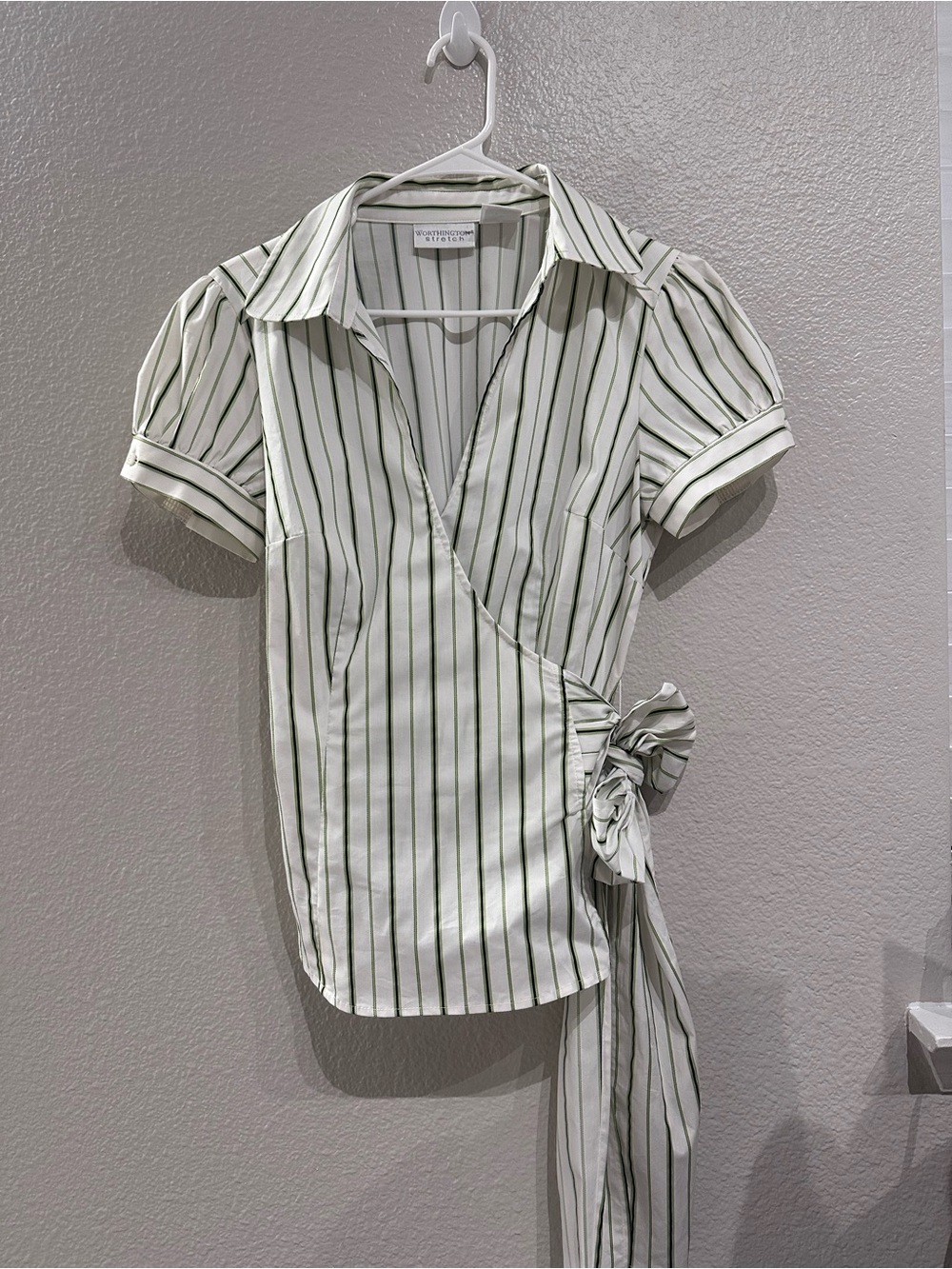 Worthington White Button-Down Wrap Blouse with Green Stripes